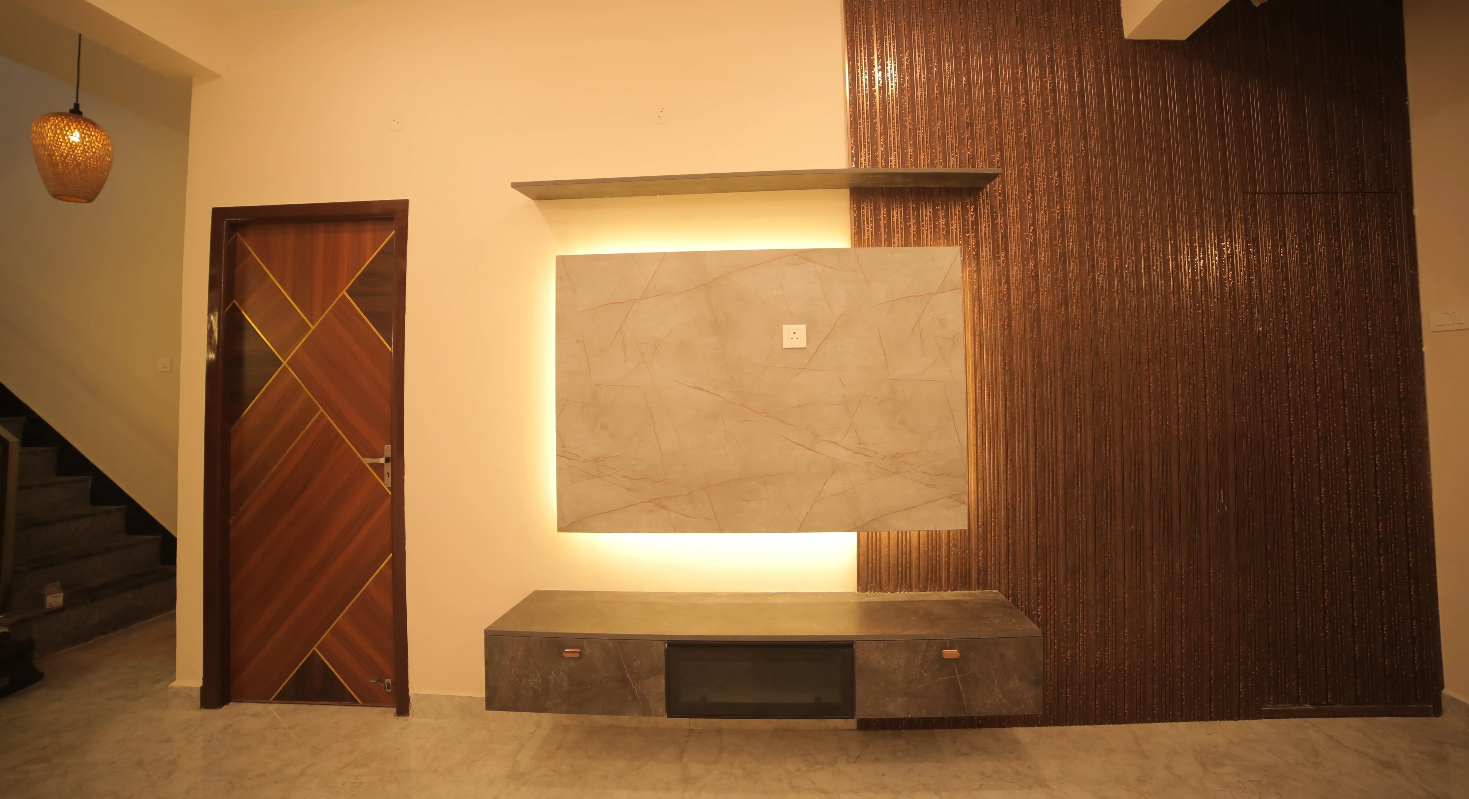 Family hall with warm finishes and display storage