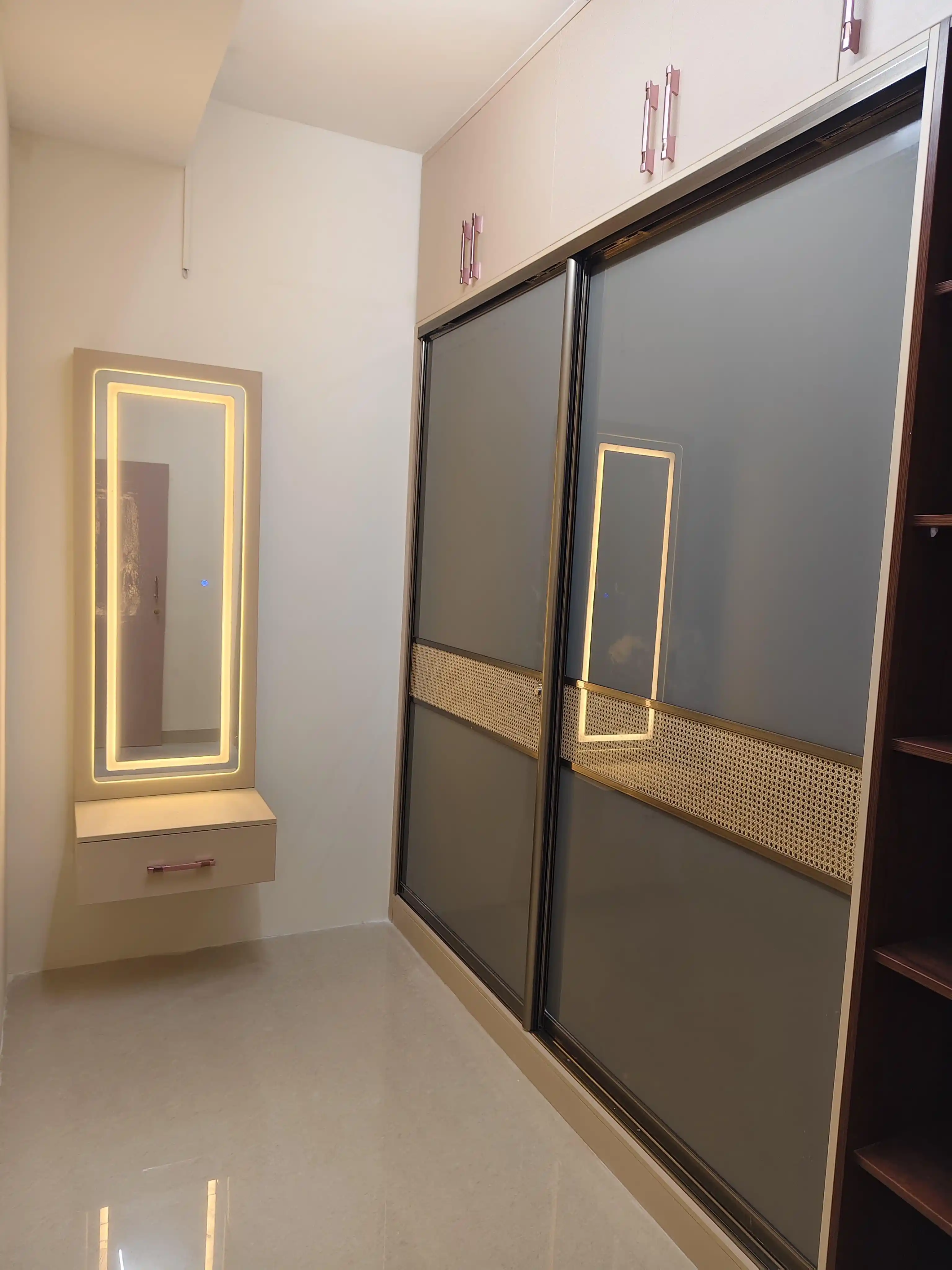 Minimal bedroom detail with layered finishes